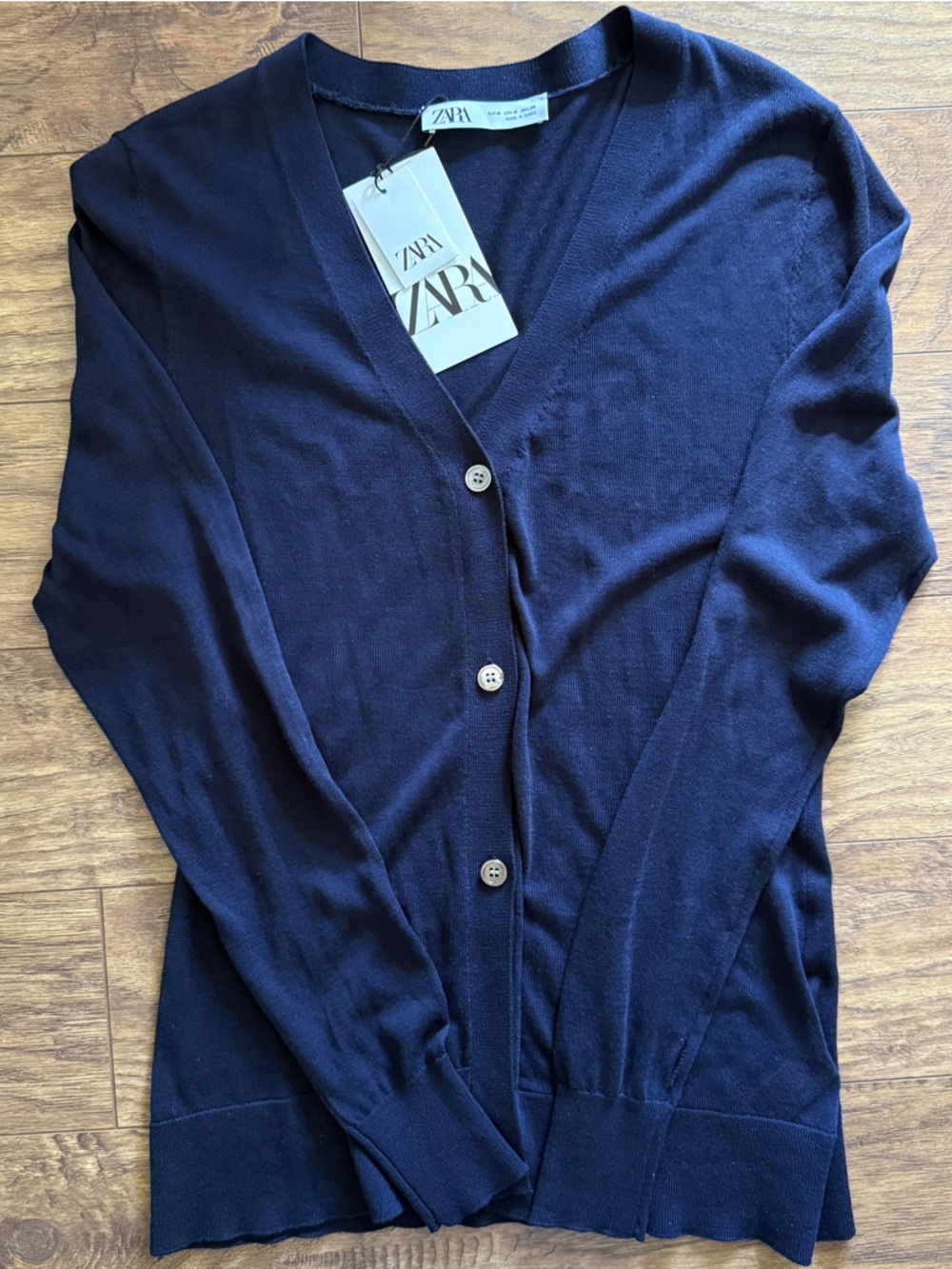 NWT) Women Zara Navy Blue V-Neck Button Cardigan Size M
